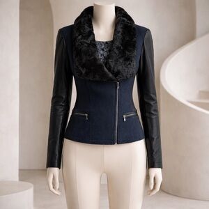 Guess Navy and Black Mixed-Media Faux Fur Collar Jacket